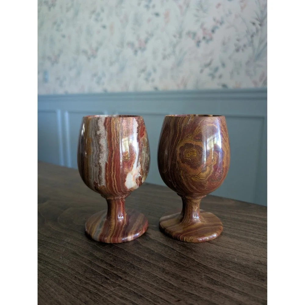 Hand Crafted Onyx Marble Banded Goblets Natural Stone Chalice Set 2 Wine Glasses